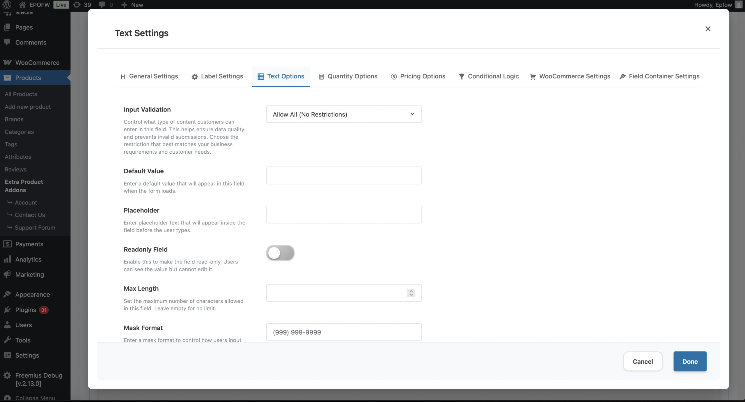 Admin Configuration For Text Field