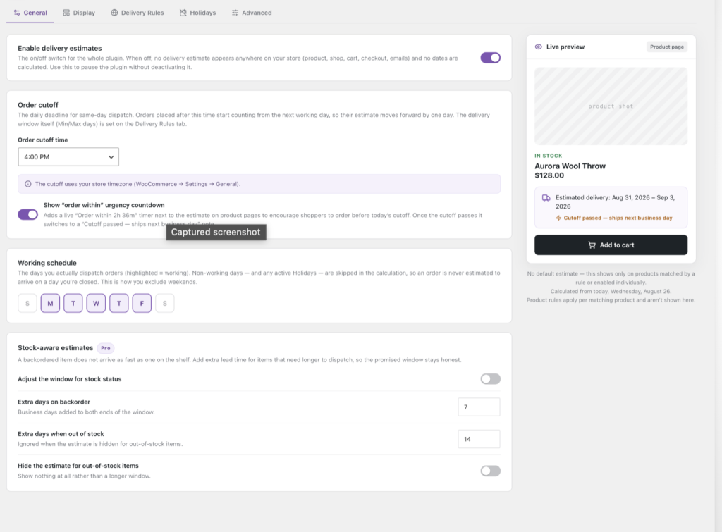 Delivery estimate settings with order cutoff, working schedule and live preview