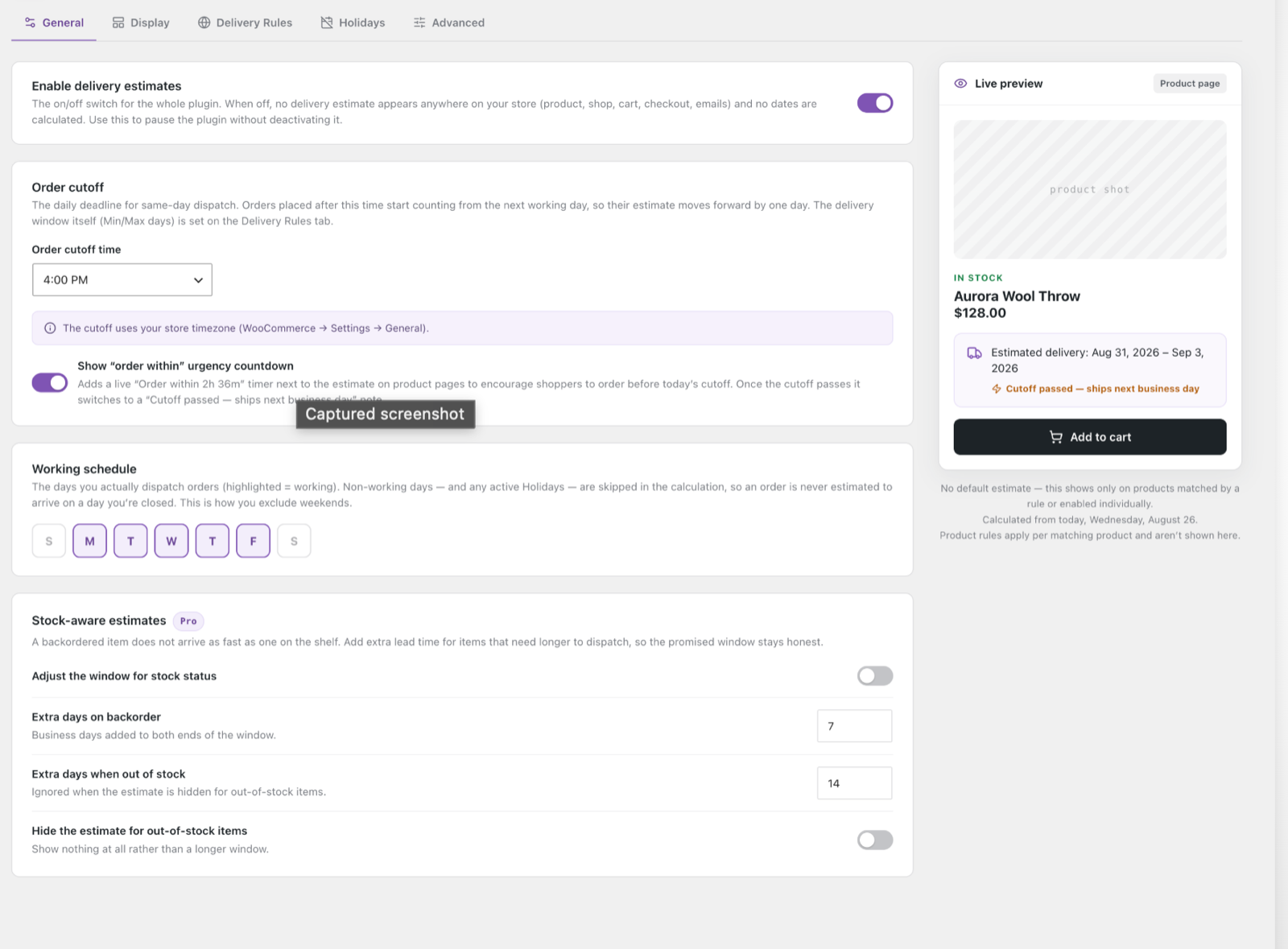 Delivery estimate settings with order cutoff, working schedule and live preview