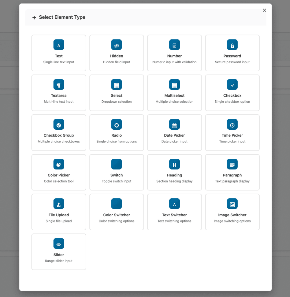 Admin field type picker with 27 field types