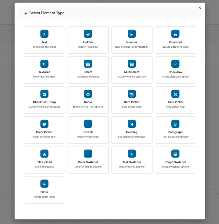 Admin field type picker with 27 field types