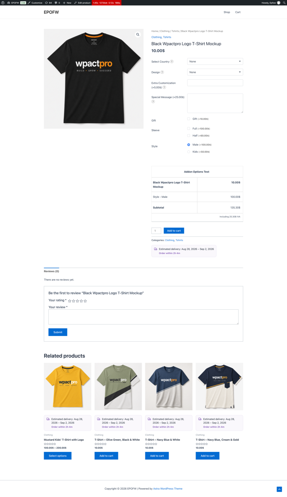 Product page with custom options, conditional fields and live add-on pricing