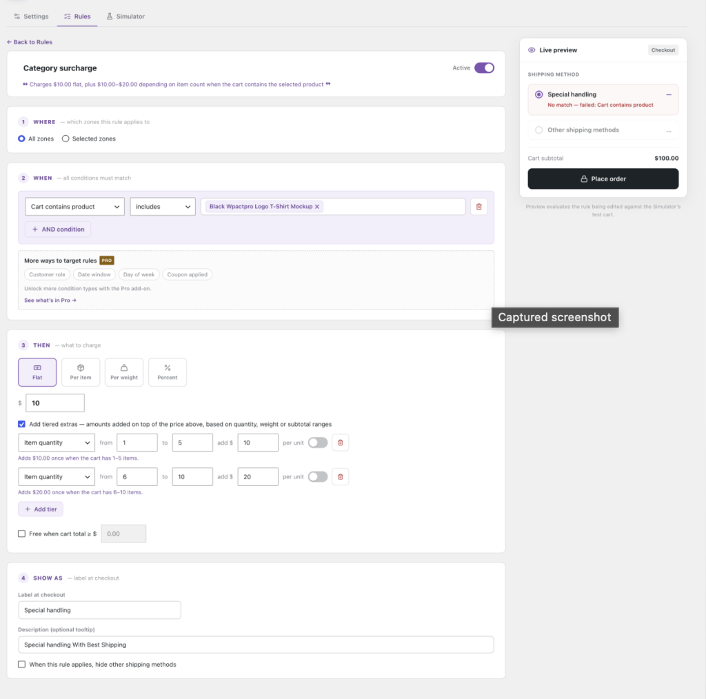 Shipping rule builder with conditions and tiered extras