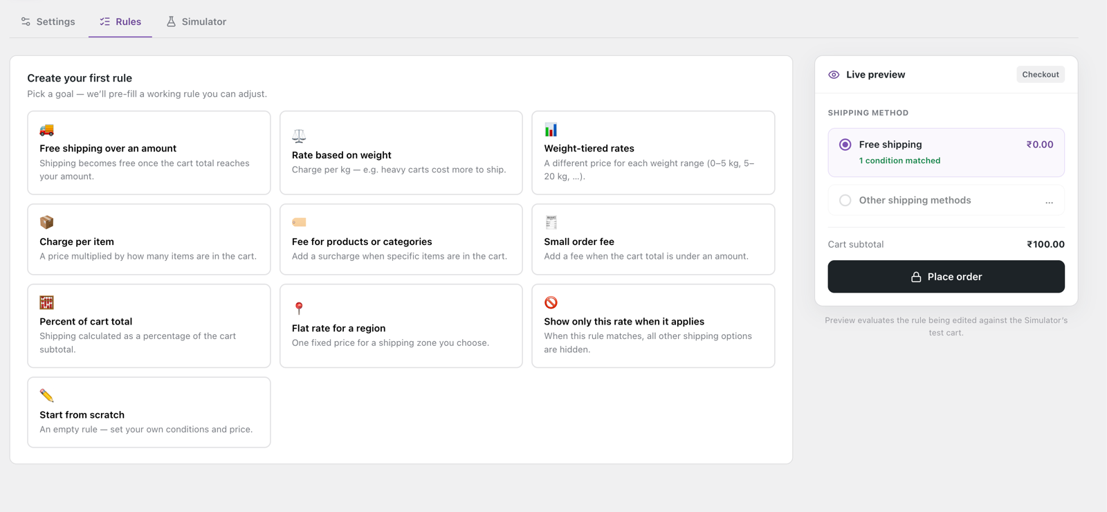 Rule preset gallery with nine shipping rule goals and live checkout preview