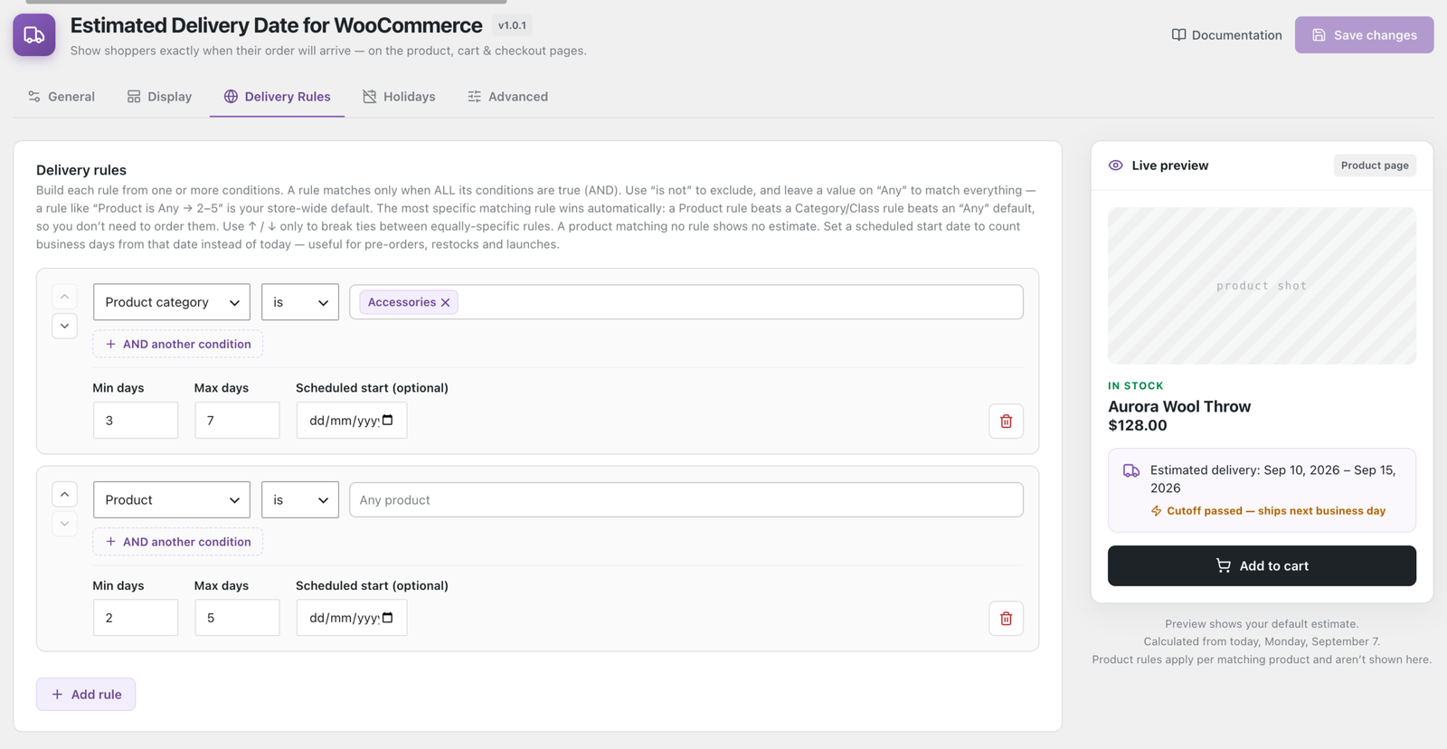 The Delivery Rules tab, showing a category rule above the catch-all default.