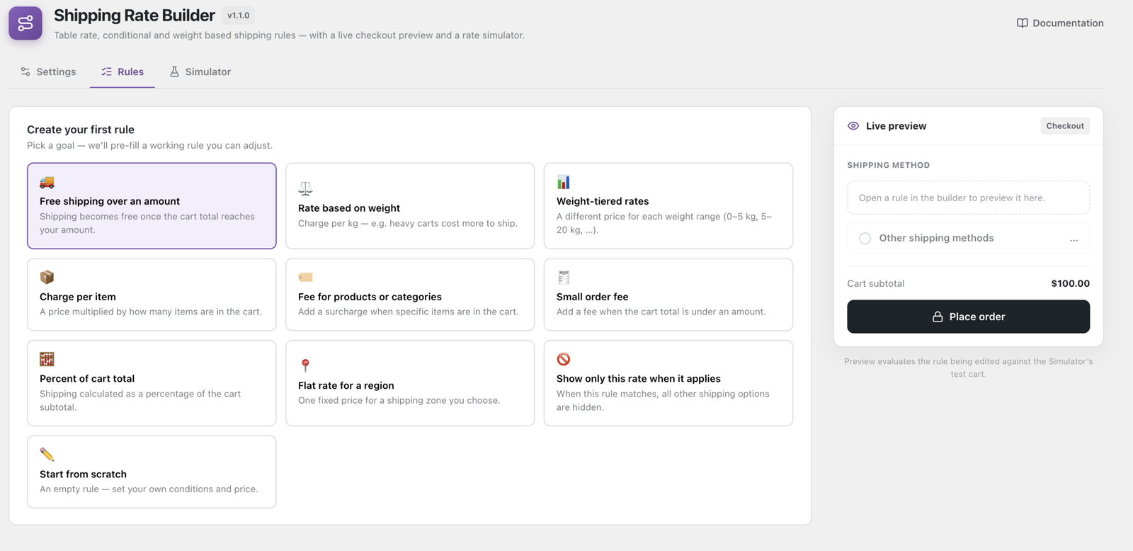 The rule builder, with its four steps and a live plain-language summary.