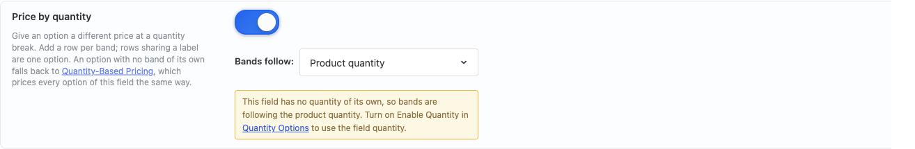 The Price by quantity toolbar with Bands follow set to Product quantity and a notice explaining why