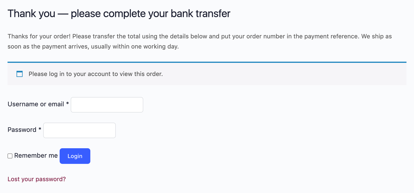 A logged-out visitor opening a customer’s link: the page text and a login prompt, no order and no bank details.