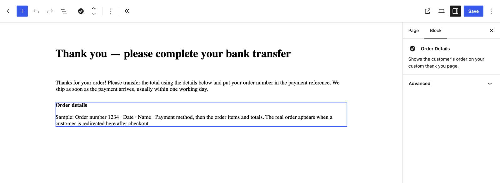The Order Details block selected in the page editor, showing its sample text.