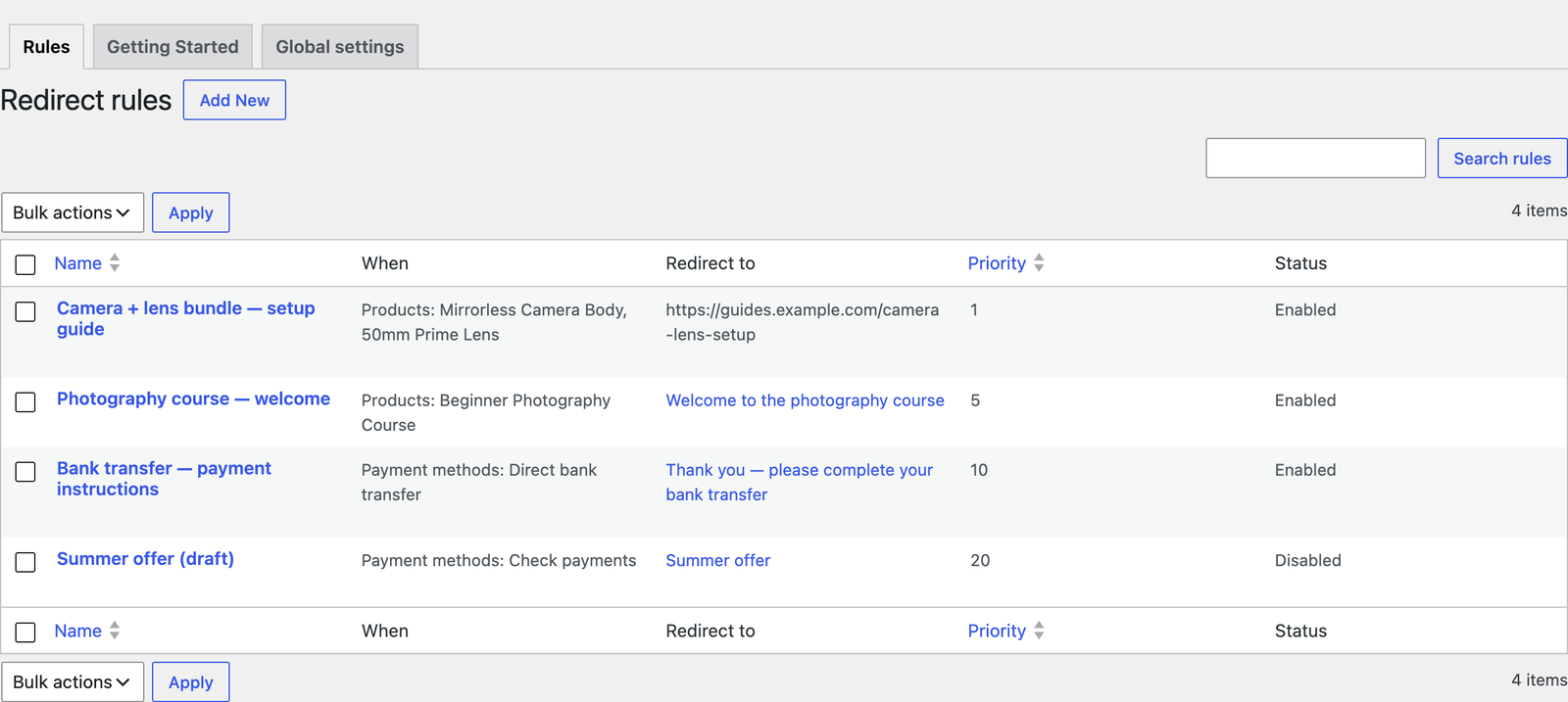 Redirect rules list with conditions, target page, priority and status