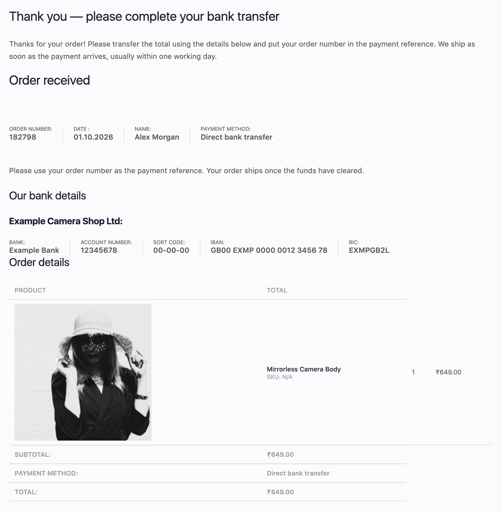 A custom thank you page showing the order and the bank transfer details